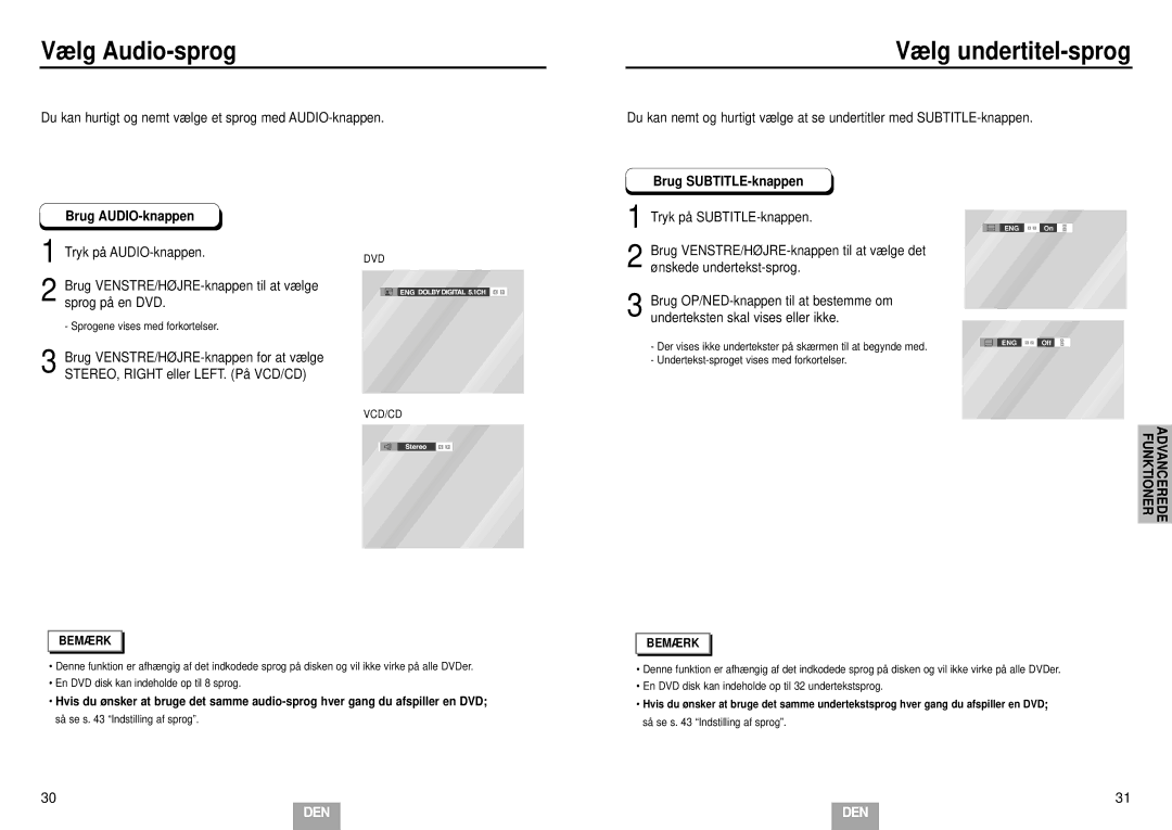 Samsung DVD-E232/XEE manual Vælg Audio-sprog, Vælg undertitel-sprog, Brug AUDIO-knappen Tryk på AUDIO-knappen 