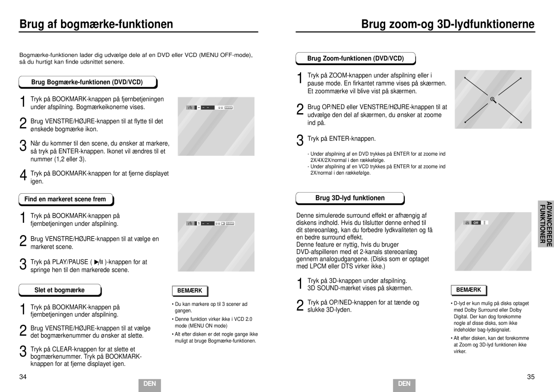 Samsung DVD-E232/XEE manual Brug af bogmærke-funktionen, Brug zoom-og 3D-lydfunktionerne, Brug 3D-lyd funktionen 