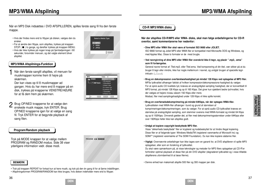 Samsung DVD-E232/XEE MP3/WMA Afspilnings-Funktion, Program/Random playback, Tryk på Mode knappen for at vælge mellem 