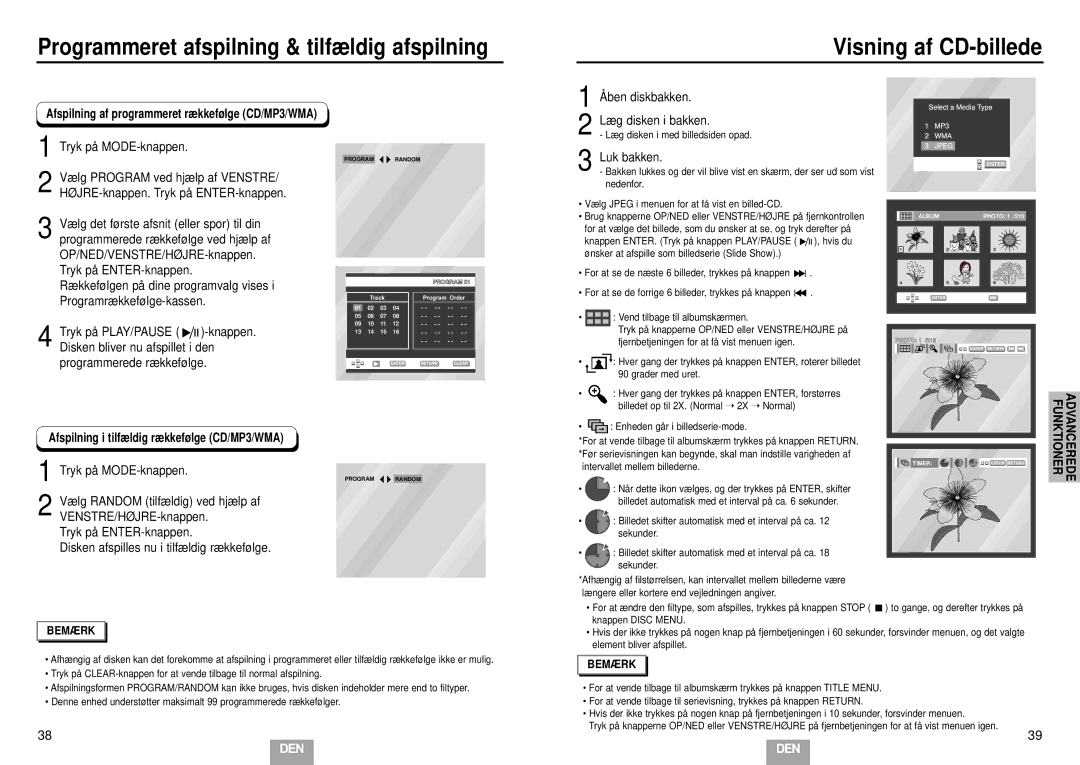 Samsung DVD-E232/XEE manual Visning af CD-billede, Luk bakken, Afspilning af programmeret rækkefølge CD/MP3/WMA 