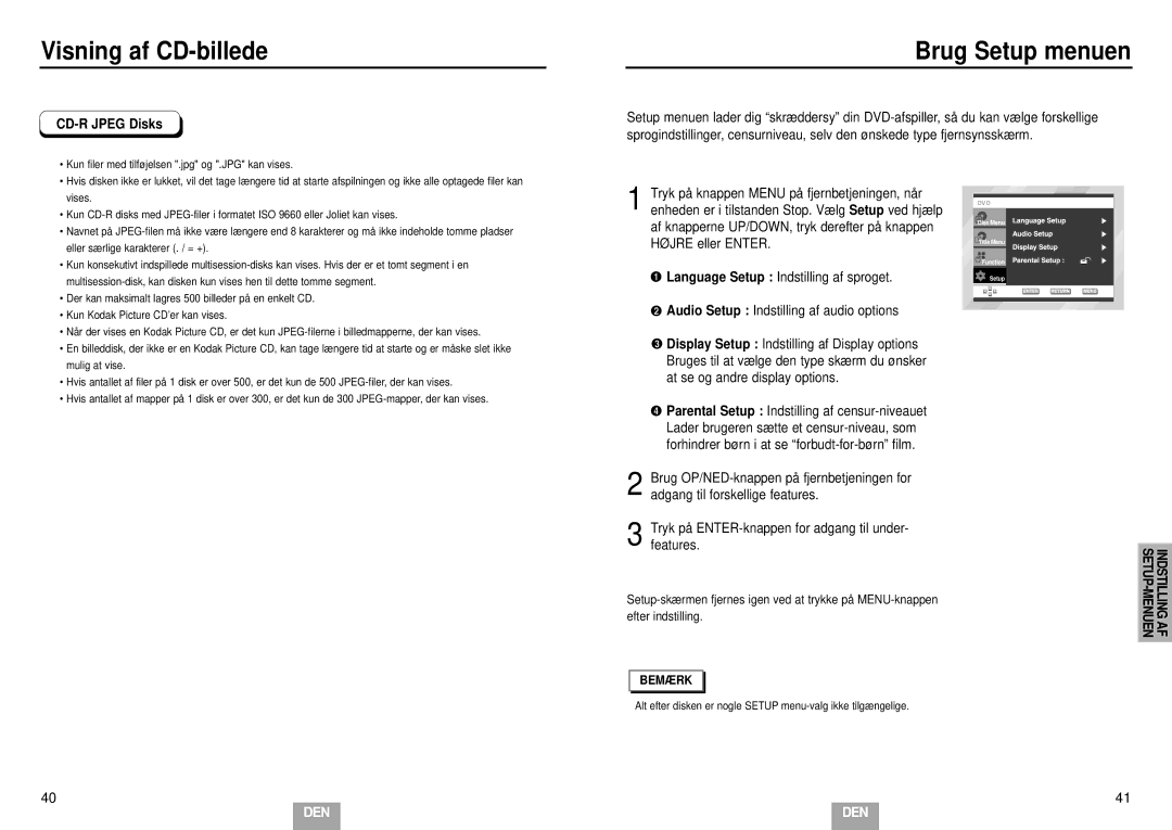 Samsung DVD-E232/XEE Brug Setup menuen, CD-R Jpeg Disks, Af knapperne UP/DOWN, tryk derefter på knappen, Højre eller Enter 