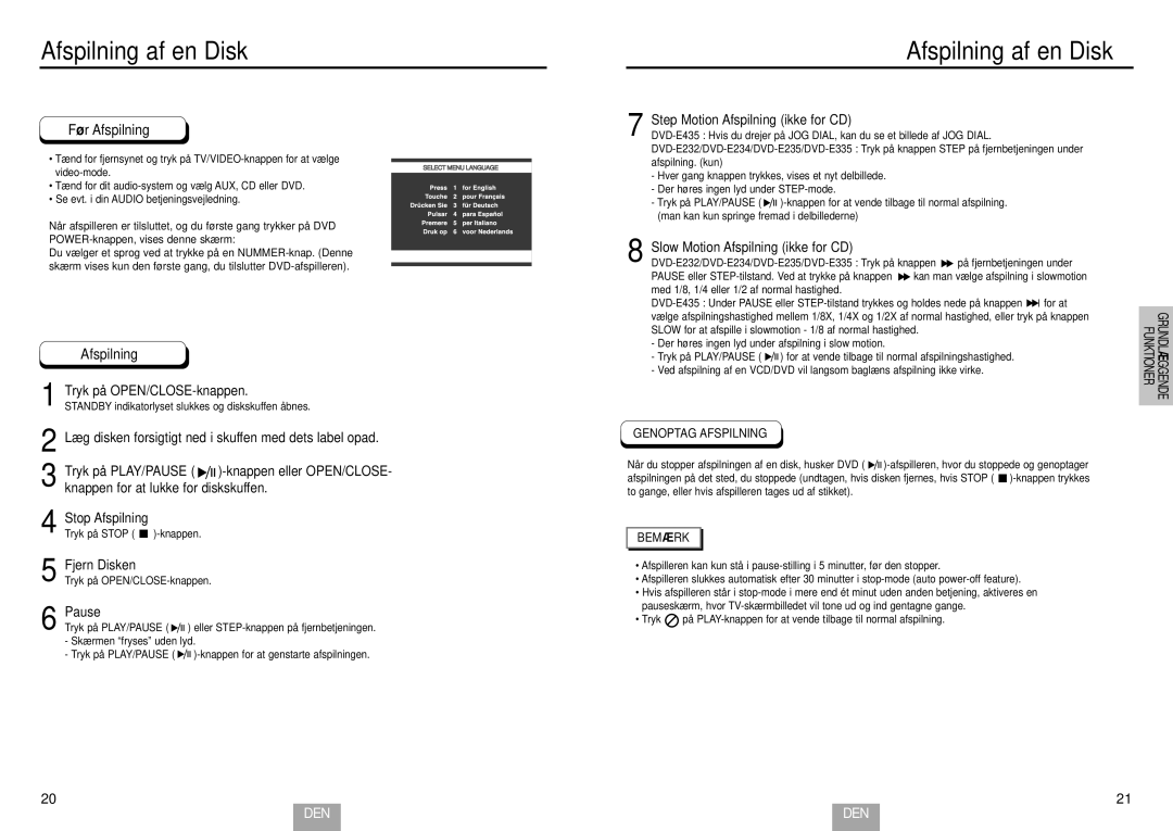 Samsung DVD-E435/XEE, DVD-E234/XEE, DVD-E232/XEE manual Afspilning af en Disk 