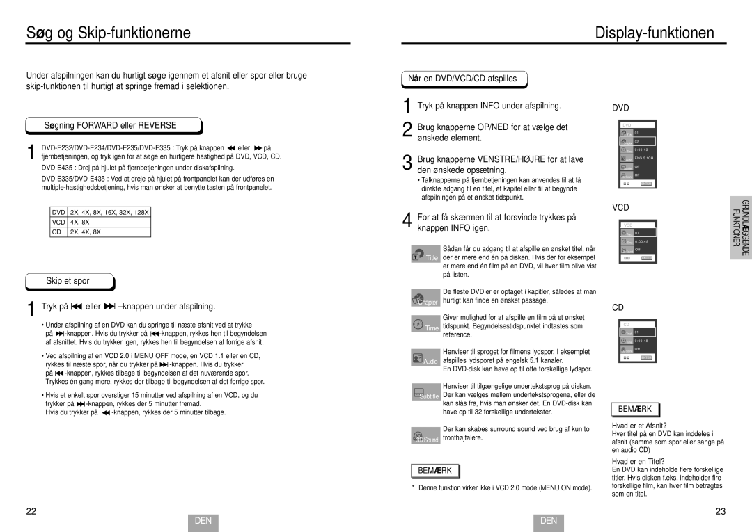 Samsung DVD-E232/XEE manual Søg og Skip-funktionerne Display-funktionen, Søgning Forward eller Reverse, Skip et spor 