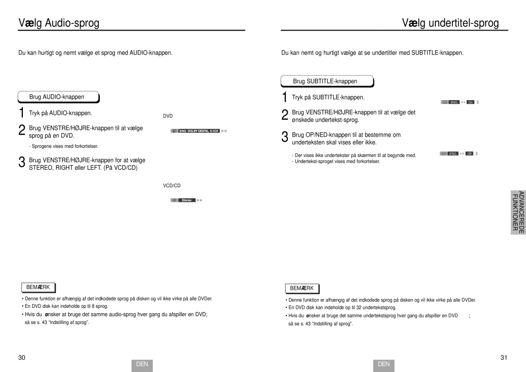 Samsung DVD-E234/XEE, DVD-E435/XEE manual Vælg Audio-sprog, Vælg undertitel-sprog, Brug AUDIO-knappen Tryk på AUDIO-knappen 