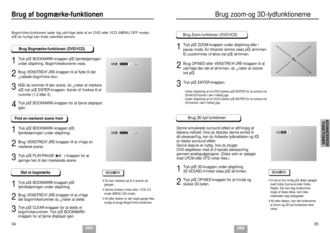 Samsung DVD-E232/XEE manual Brug af bogmærke-funktionen, Brug zoom-og 3D-lydfunktionerne, Find en markeret scene frem 