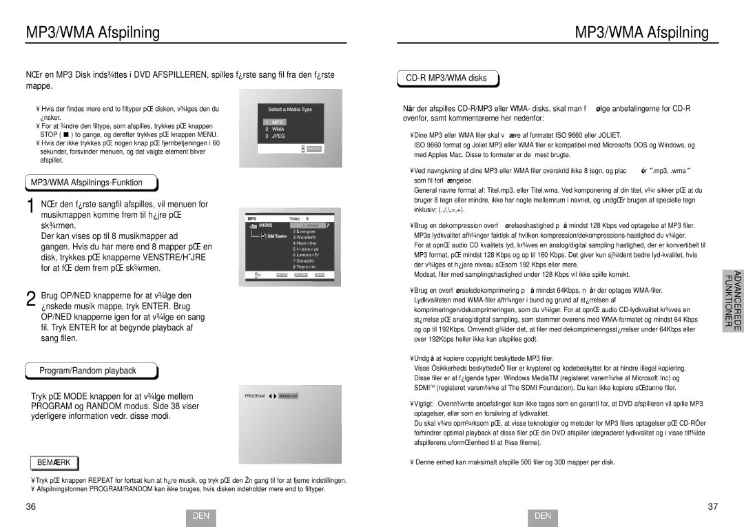 Samsung DVD-E234/XEE MP3/WMA Afspilnings-Funktion, Program/Random playback, Tryk på Mode knappen for at vælge mellem 