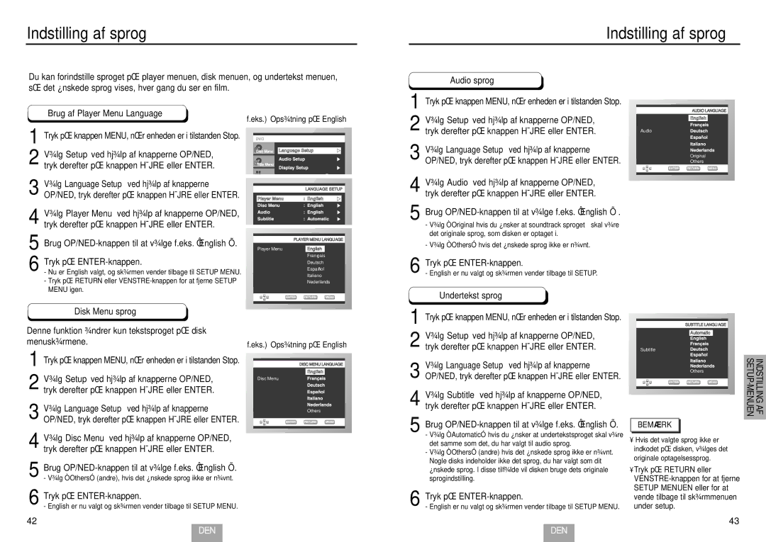 Samsung DVD-E234/XEE Indstilling af sprog, Brug af Player Menu Language, Audio sprog, Undertekst sprog Disk Menu sprog 