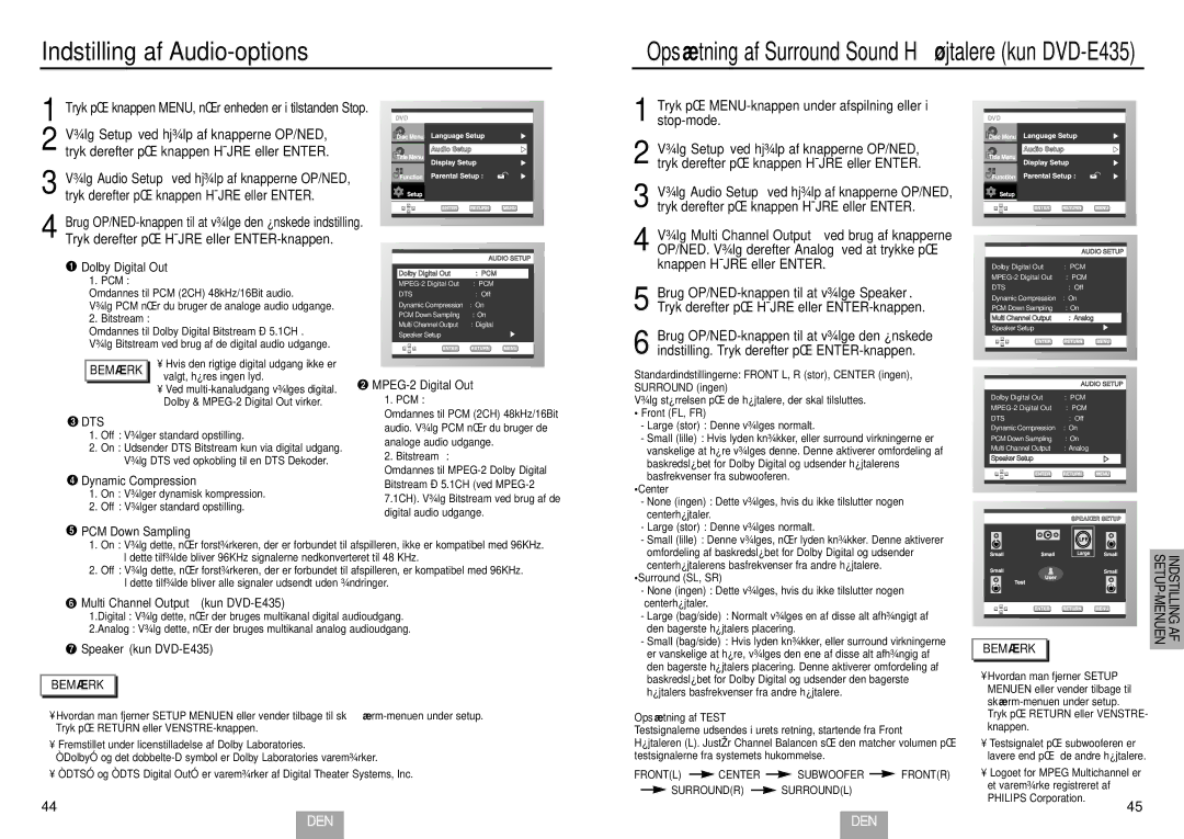 Samsung DVD-E435/XEE, DVD-E234/XEE, DVD-E232/XEE manual Indstilling af Audio-options 