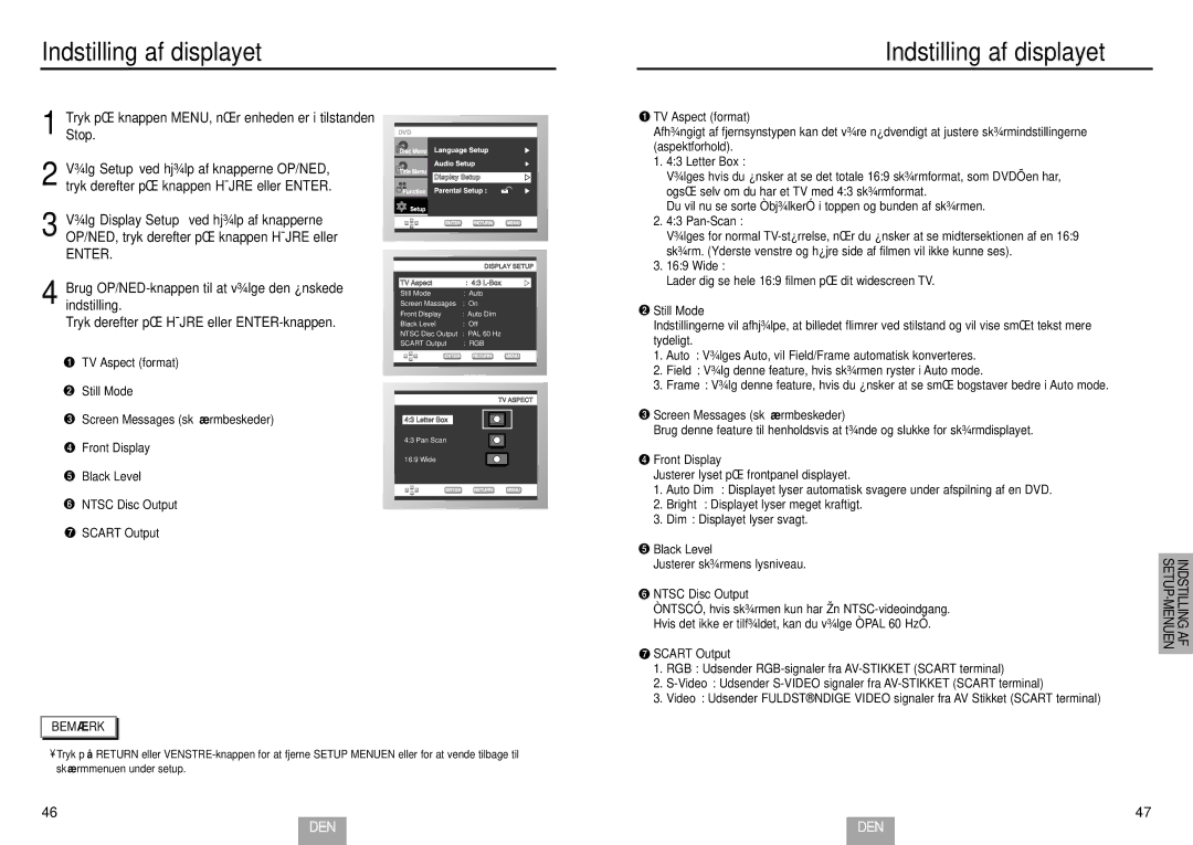 Samsung DVD-E232/XEE, DVD-E234/XEE, DVD-E435/XEE manual Indstilling af displayet, Enter 