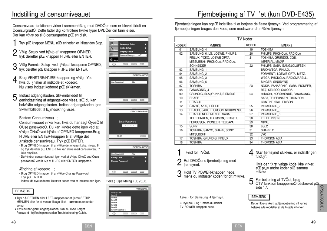 Samsung DVD-E234/XEE Indstilling af censurniveauet, Fjernbetjening af TV’et kun DVD-E435, Bestem Censurniveau, TV Koder 