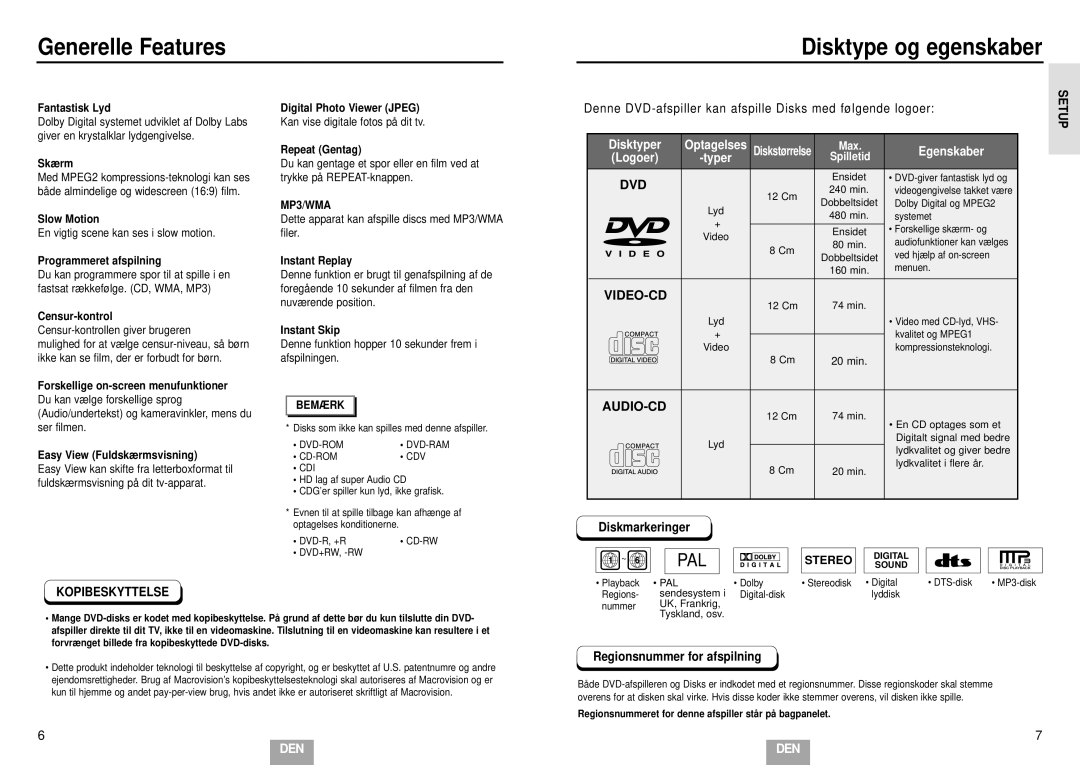 Samsung DVD-E234/XEE Generelle Features Disktype og egenskaber, Denne DVD-afspiller kan afspille Disks med følgende logoer 