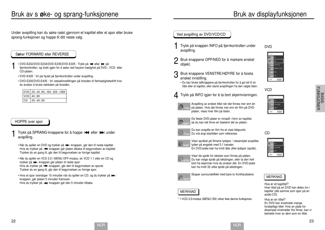 Samsung DVD-E232/XEE, DVD-E234/XEE, DVD-E435/XEE Søker Forward eller Reverse, Hoppe over spor, Ved avspilling av DVD/VCD/CD 