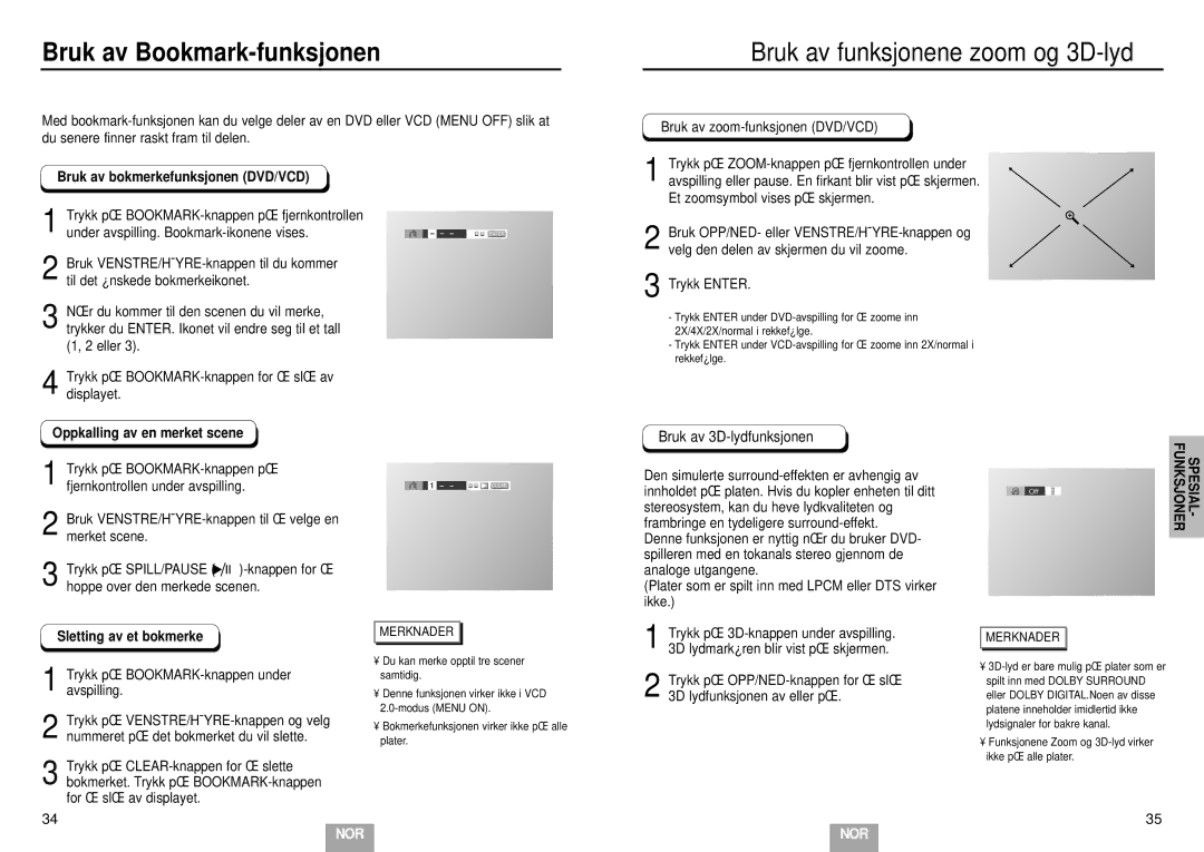 Samsung DVD-E232/XEE, DVD-E234/XEE, DVD-E435/XEE manual Bruk av Bookmark-funksjonen, Bruk av funksjonene zoom og 3D-lyd 