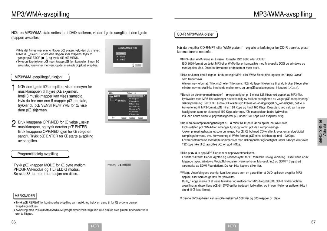 Samsung DVD-E234/XEE MP3/WMA-avspilling, MP3/WMA avspillingsfunksjon, Program/tilfeldig avspilling, CD-R MP3/WMA-plater 