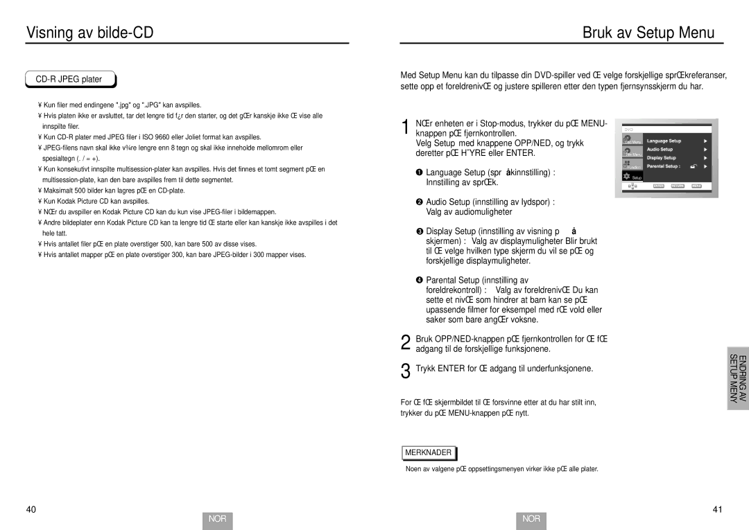 Samsung DVD-E232/XEE, DVD-E234/XEE, DVD-E435/XEE Bruk av Setup Menu, CD-R Jpeg plater, Audio Setup innstilling av lydspor 