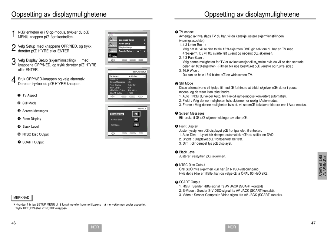 Samsung DVD-E232/XEE, DVD-E234/XEE, DVD-E435/XEE Oppsetting av displaymulighetene, TV Aspect, Letter Box, Pan-Scan, Wide 