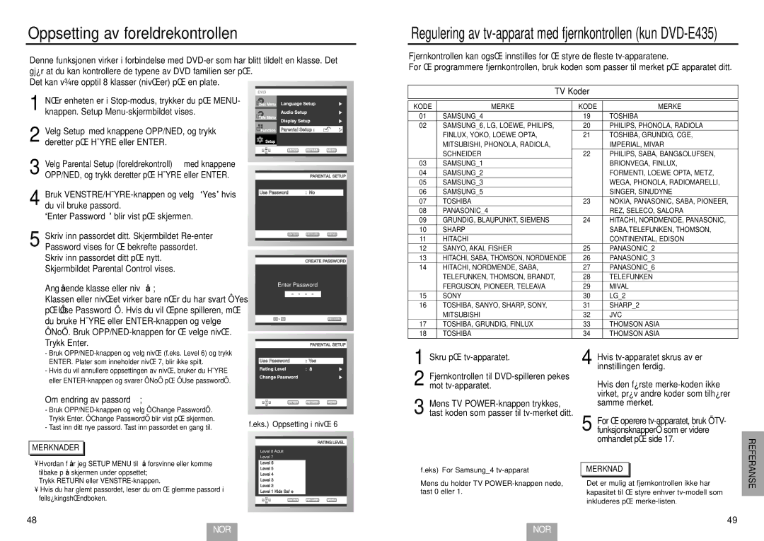 Samsung DVD-E234/XEE manual Oppsetting av foreldrekontrollen, TV Koder, Angå ende klasse eller nivå, Om endring av passord 