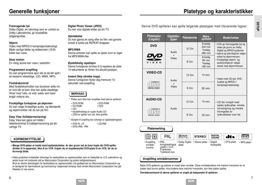 Samsung DVD-E234/XEE manual Generelle funksjoner Platetype og karakteristikker, Platemerking, Kopibeskyttelse, Stereo 