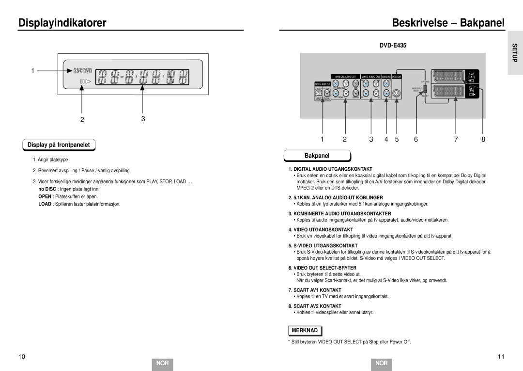 Samsung DVD-E232/XEE, DVD-E234/XEE manual Displayindikatorer, Beskrivelse Bakpanel, Display på frontpanelet, DVD-E435 