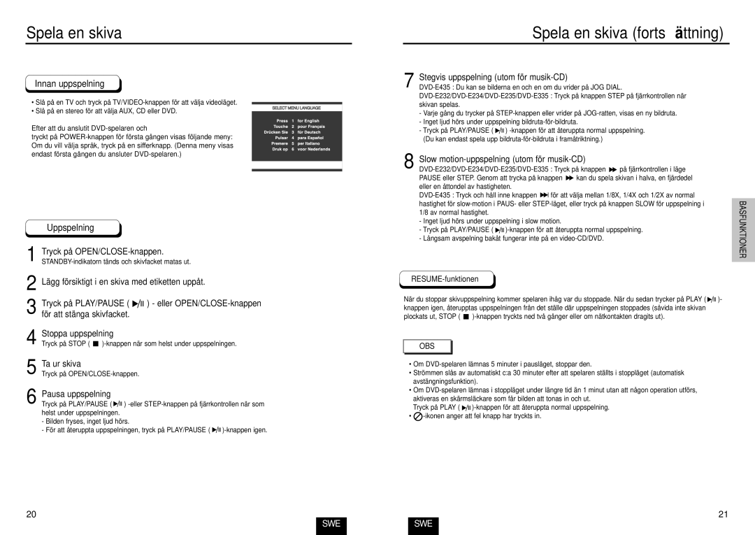 Samsung DVD-E232/XEE, DVD-E234/XEE, DVD-E435/XEE manual Spela en skiva fortsä ttning 