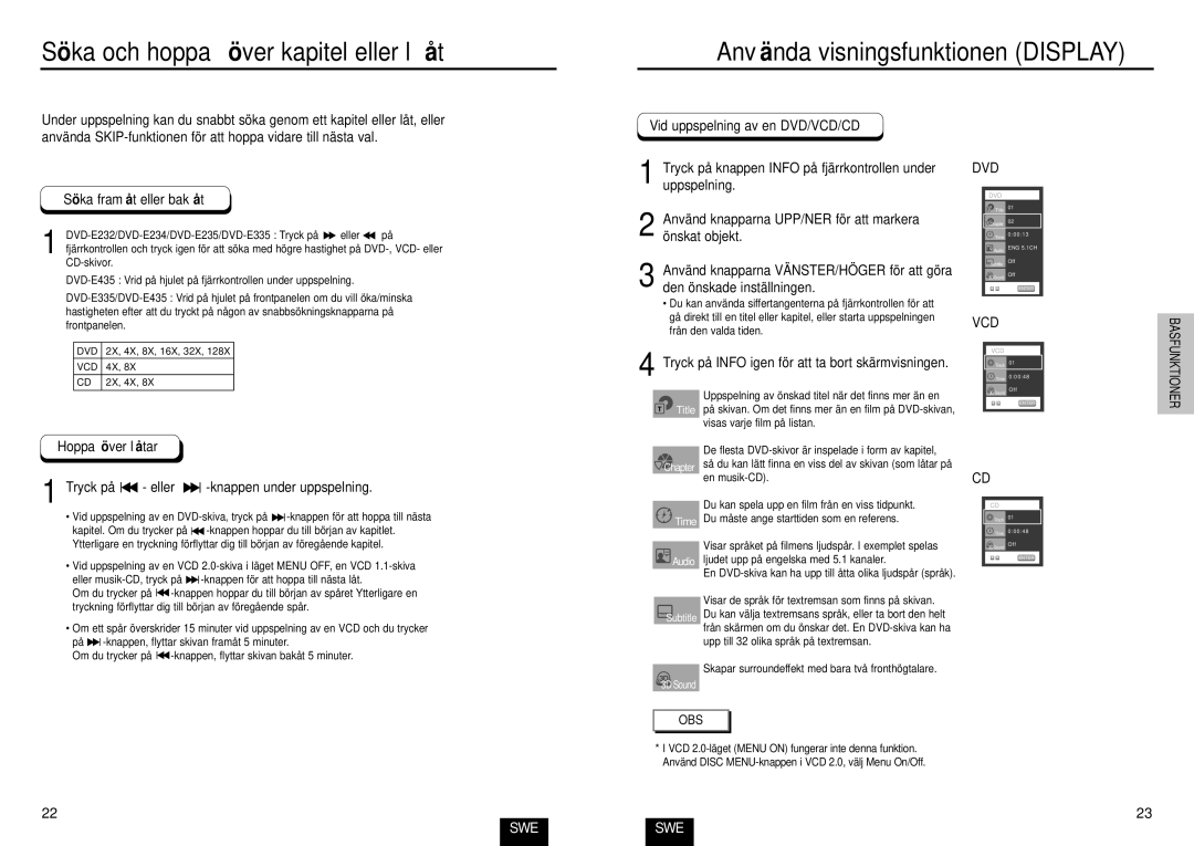 Samsung DVD-E234/XEE Sö ka och hoppa ö ver kapitel eller lå t, Anvä nda visningsfunktionen Display, Hoppa ö ver lå tar 