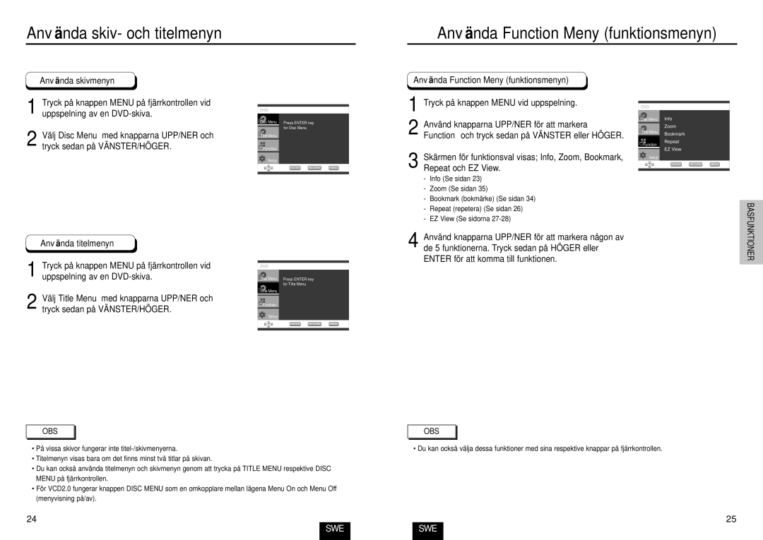 Samsung DVD-E435/XEE, DVD-E234/XEE manual Anvä nda Function Meny funktionsmenyn, Tryck på knappen Menu vid uppspelning 