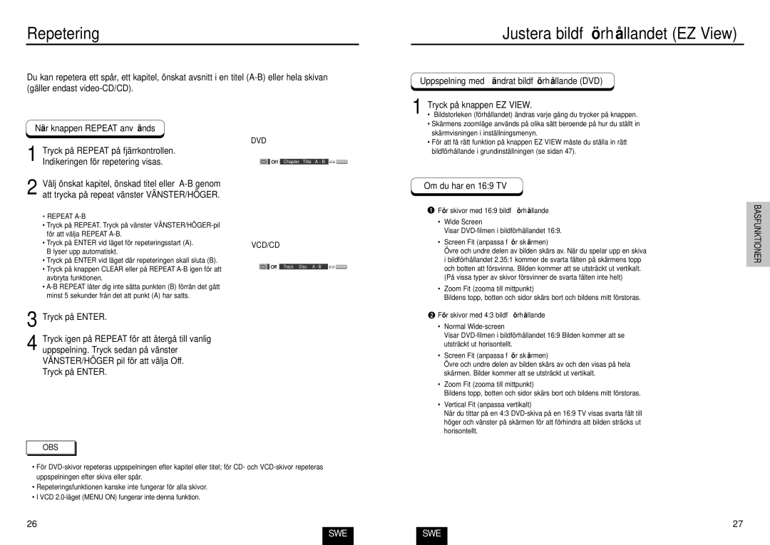 Samsung DVD-E232/XEE, DVD-E234/XEE manual Justera bildfö rhå llandet EZ View, Uppspelning med ä ndrat bildfö rhå llande DVD 