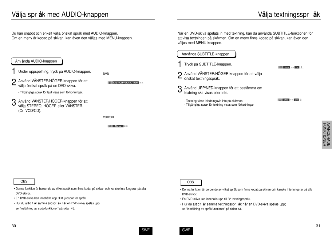 Samsung DVD-E435/XEE, DVD-E234/XEE manual Vä lja språ k med AUDIO-knappen, Vä lja textningssprå k, Anvä nda AUDIO-knappen 