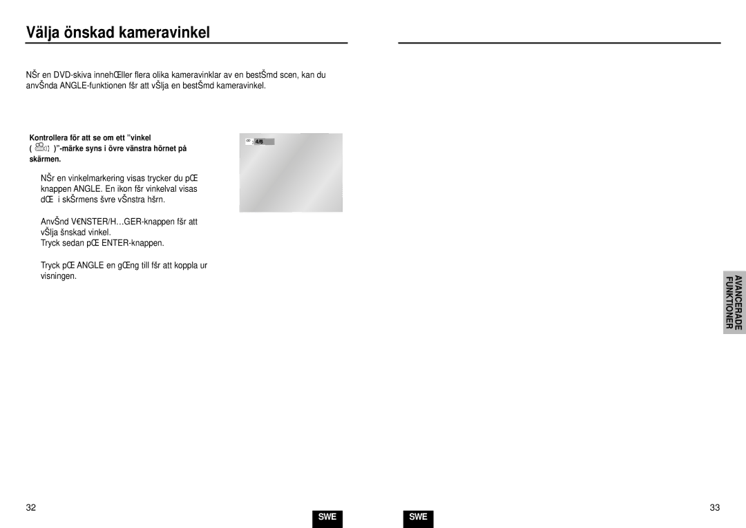 Samsung DVD-E232/XEE manual Välja önskad kameravinkel, Använda ANGLE-knappen, Att använda funktionen direkt repris DVD 