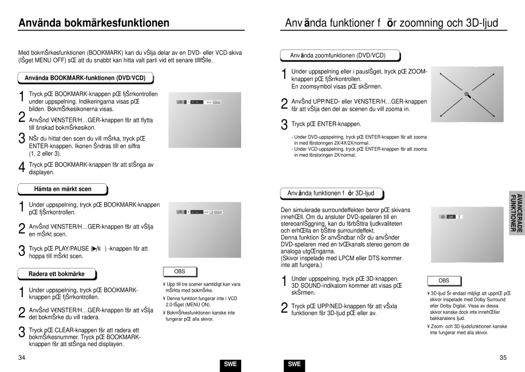 Samsung DVD-E234/XEE, DVD-E435/XEE, DVD-E232/XEE Använda bokmärkesfunktionen, Anvä nda funktioner fö r zoomning och 3D-ljud 