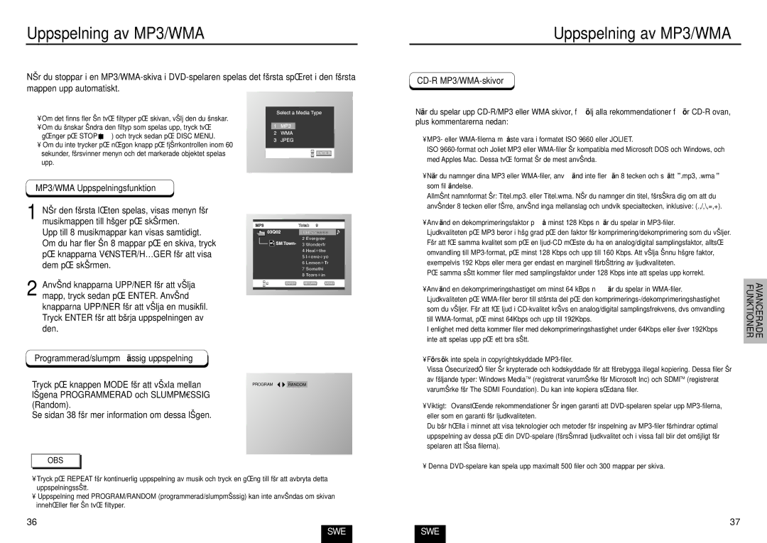 Samsung DVD-E435/XEE manual Uppspelning av MP3/WMA, MP3/WMA Uppspelningsfunktion, Programmerad/slumpmä ssig uppspelning 