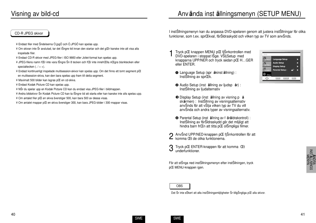 Samsung DVD-E234/XEE manual Anvä nda instä llningsmenyn Setup Menu, CD-R Jpeg skivor, Audio Setup instä llning av ljudspå r 