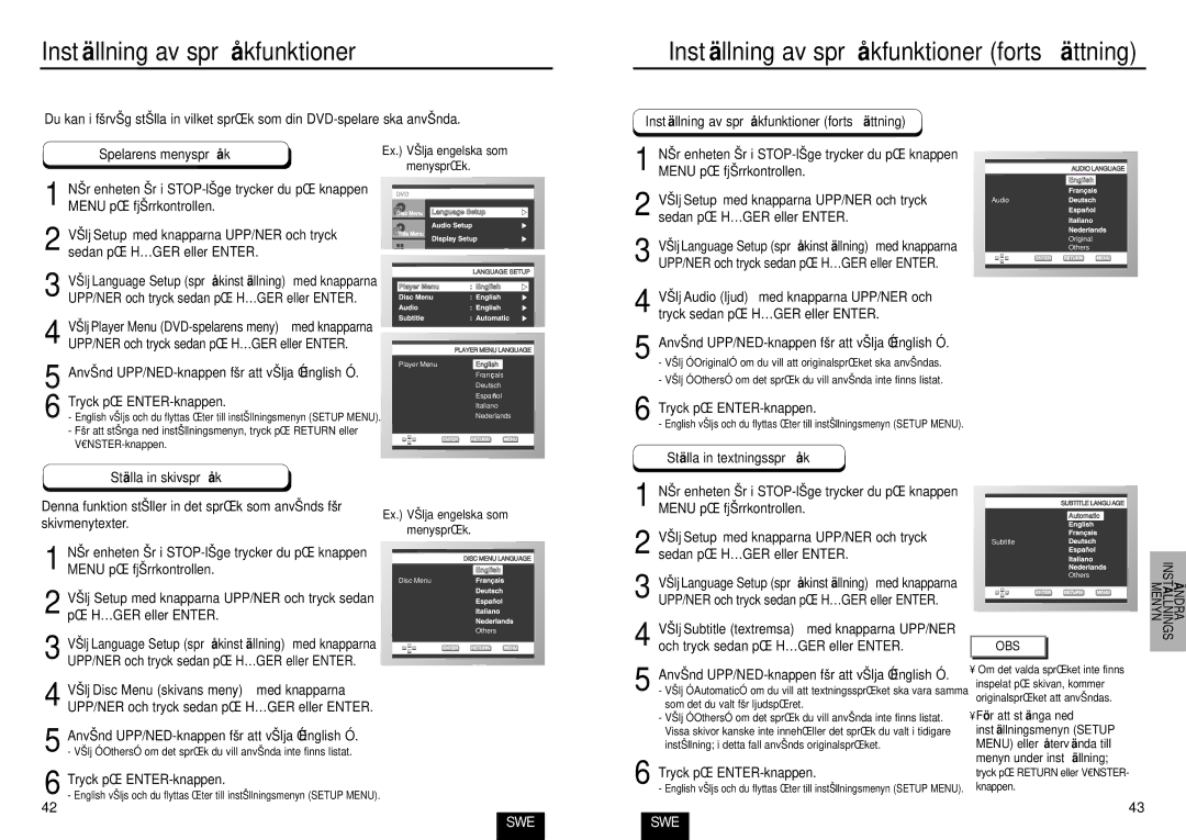 Samsung DVD-E435/XEE, DVD-E234/XEE, DVD-E232/XEE manual Instä llning av språ kfunktioner fortsä ttning 