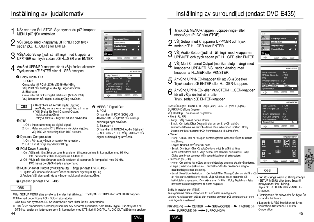 Samsung DVD-E232/XEE, DVD-E234/XEE manual Instä llning av ljudalternativ, Inställning av surroundljud endast DVD-E435 