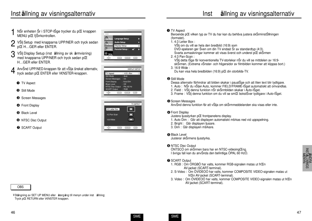 Samsung DVD-E234/XEE, DVD-E435/XEE, DVD-E232/XEE Instä llning av visningsalternativ, TV Aspect, Letter Box, Pan-Scan, Wide 