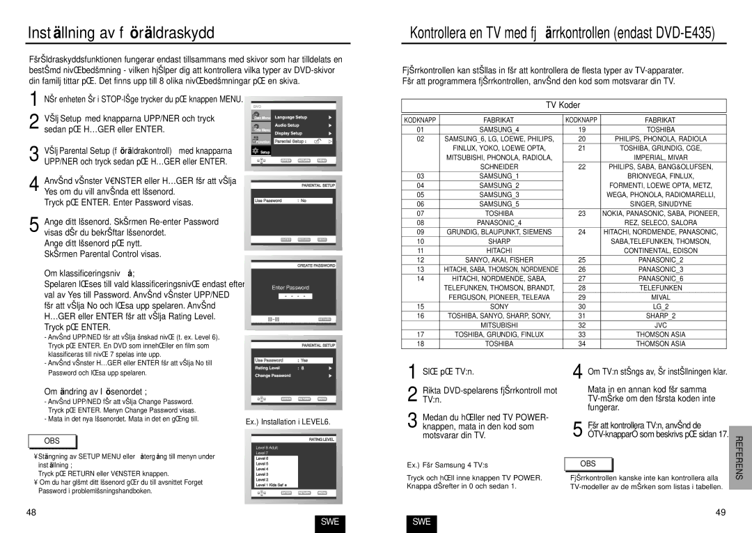 Samsung DVD-E435/XEE manual Instä llning av fö rä ldraskydd, Om klassificeringsnivå, TV Koder, Om ä ndring av lö senordet 