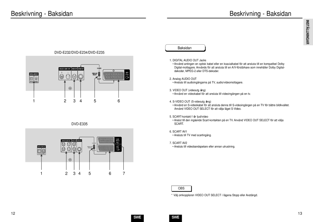 Samsung DVD-E435/XEE DVD-E232/DVD-E234/DVD-E235 DVD-E335, Inställningar, Video OUT videoutgå ng, Video OUT S-videoutgå ng 