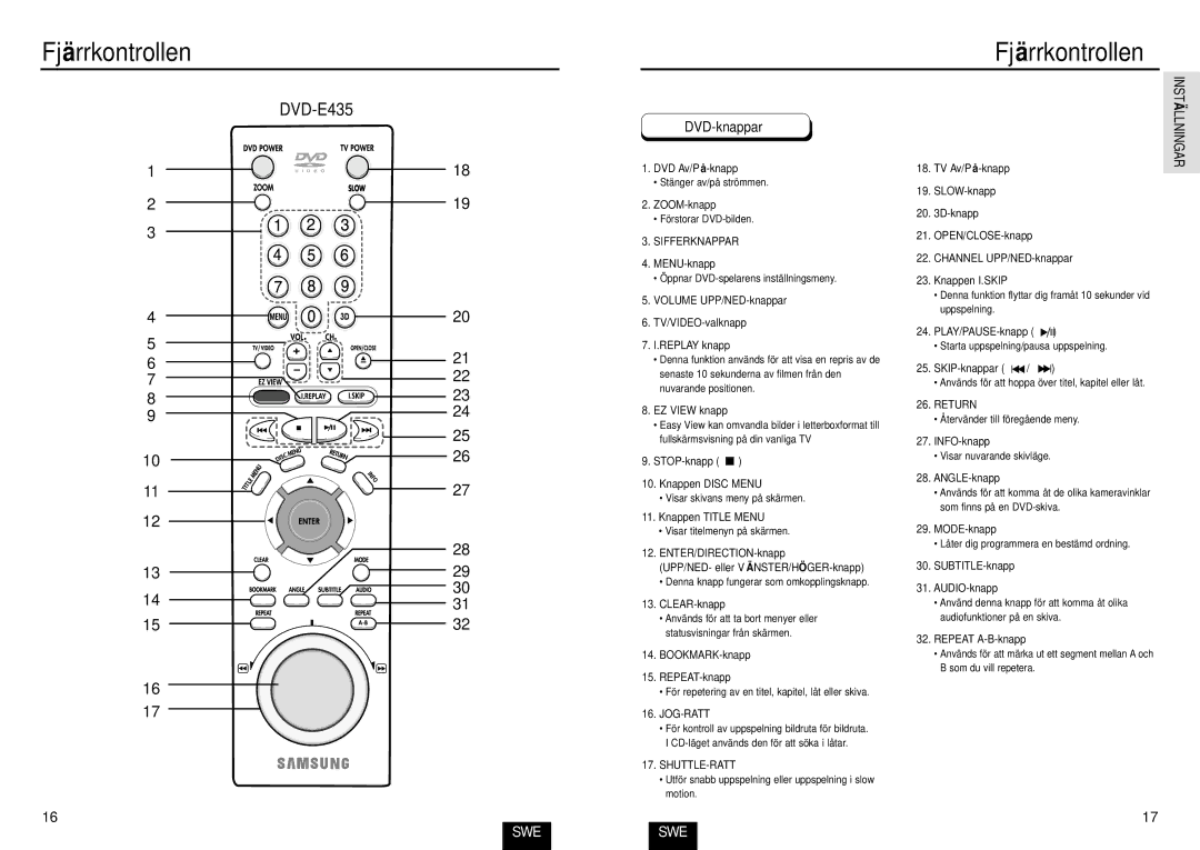 Samsung DVD-E234/XEE, DVD-E435/XEE, DVD-E232/XEE manual Instä Llningar, Jog-Ratt, Shuttle-Ratt, Return 