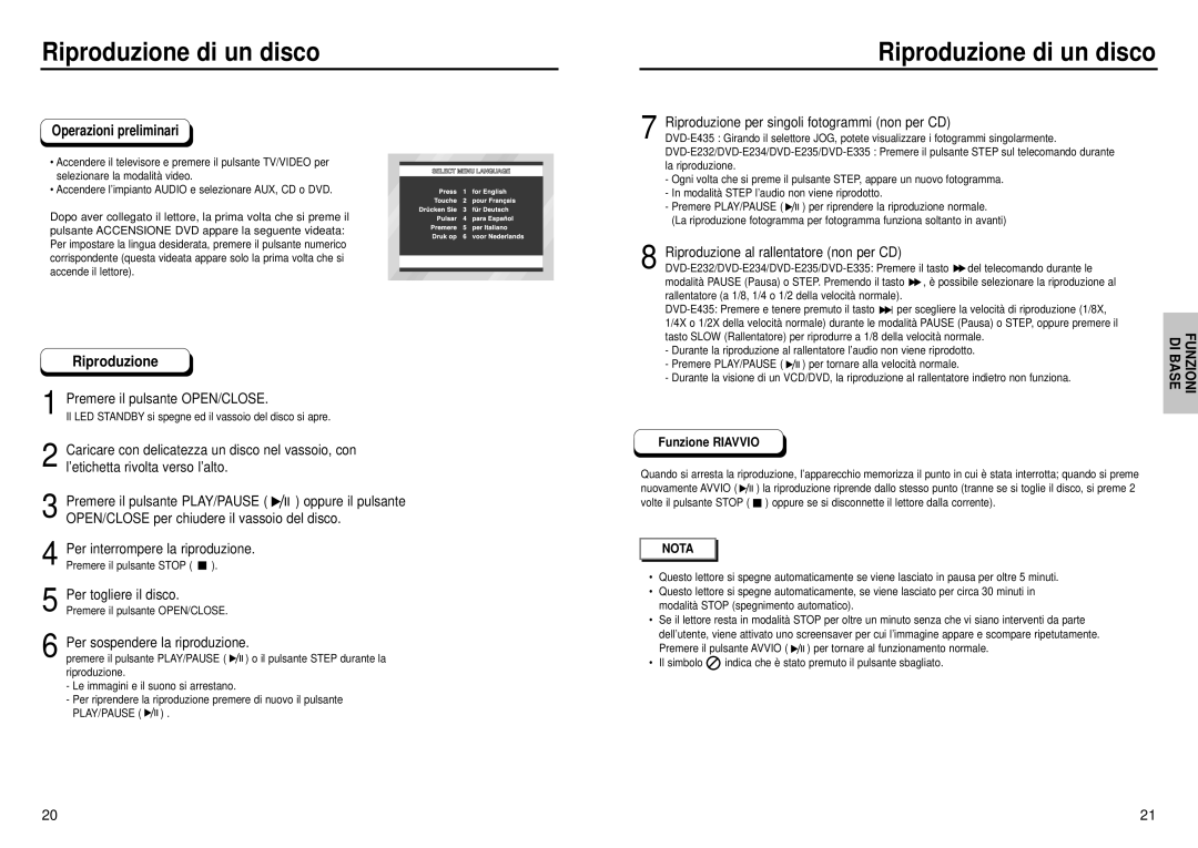 Samsung DVD-E235/XET, DVD-E234/XET manual Riproduzione di un disco 