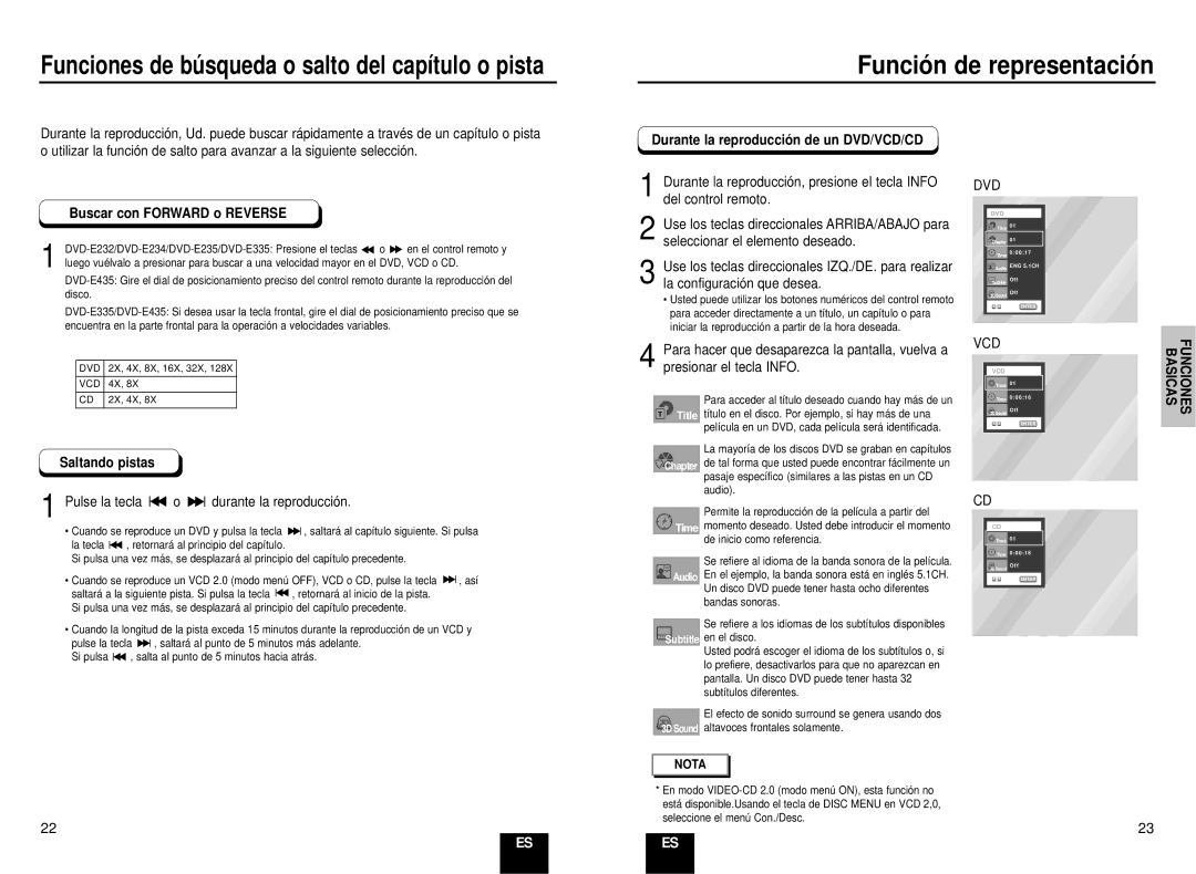 Samsung DVD-E235/XEC Funció n de representació n, Buscar con Forward o Reverse, Durante la reproducció n de un DVD/VCD/CD 