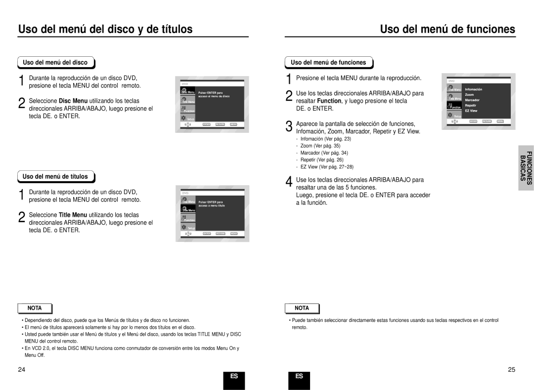 Samsung DVD-E435/XEC, DVD-E235/XEC Uso del menú del disco y de títulos, Uso del menú de funciones, Uso del menú de títulos 