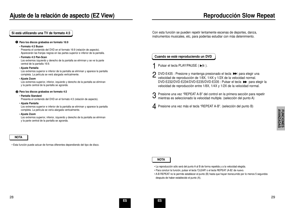 Samsung DVD-E235/XEC, DVD-E435/XEC Reproducció n Slow Repeat, Avanzadas Funciones, Cuando se esté reproduciendo un DVD 