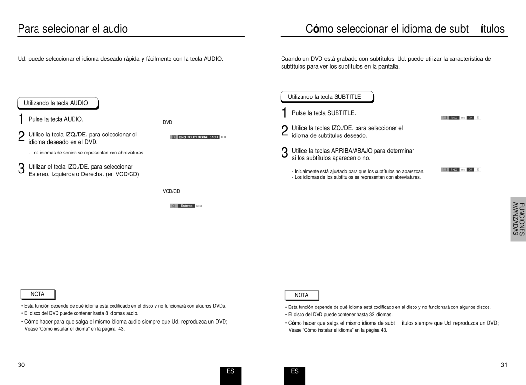 Samsung DVD-E435/XEC manual Para selecionar el audio, Có mo seleccionar el idioma de subtítulos, Utilizando la tecla Audio 