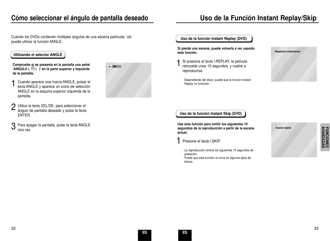 Samsung DVD-E234/XEC, DVD-E235/XEC, DVD-E435/XEC manual Uso de la Función Instant Replay/Skip, Utilizando el selector Angle 