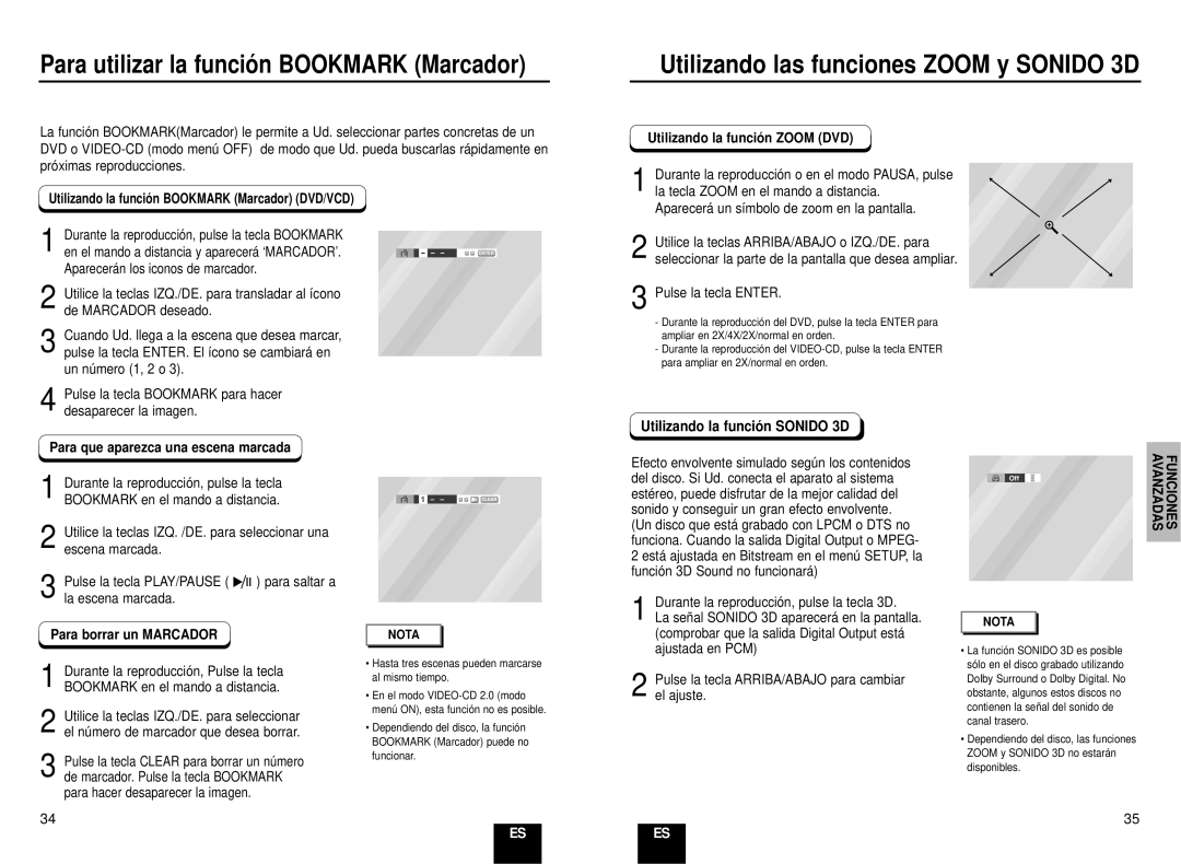 Samsung DVD-E235/XEC, DVD-E435/XEC manual Utilizando la funció n Zoom DVD, Pulse la tecla Enter, Para borrar un Marcador 