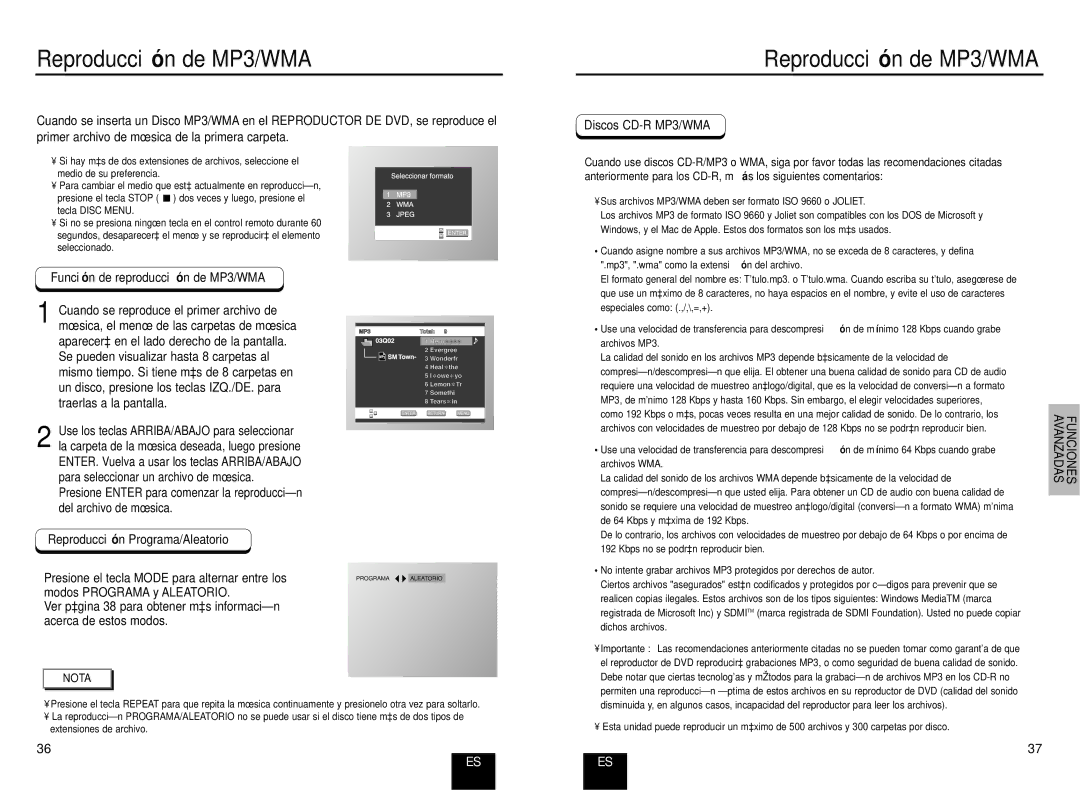 Samsung DVD-E435/XEC, DVD-E235/XEC Reproducció n de MP3/WMA, Funció n de reproducció n de MP3/WMA, Discos CD-R MP3/WMA 