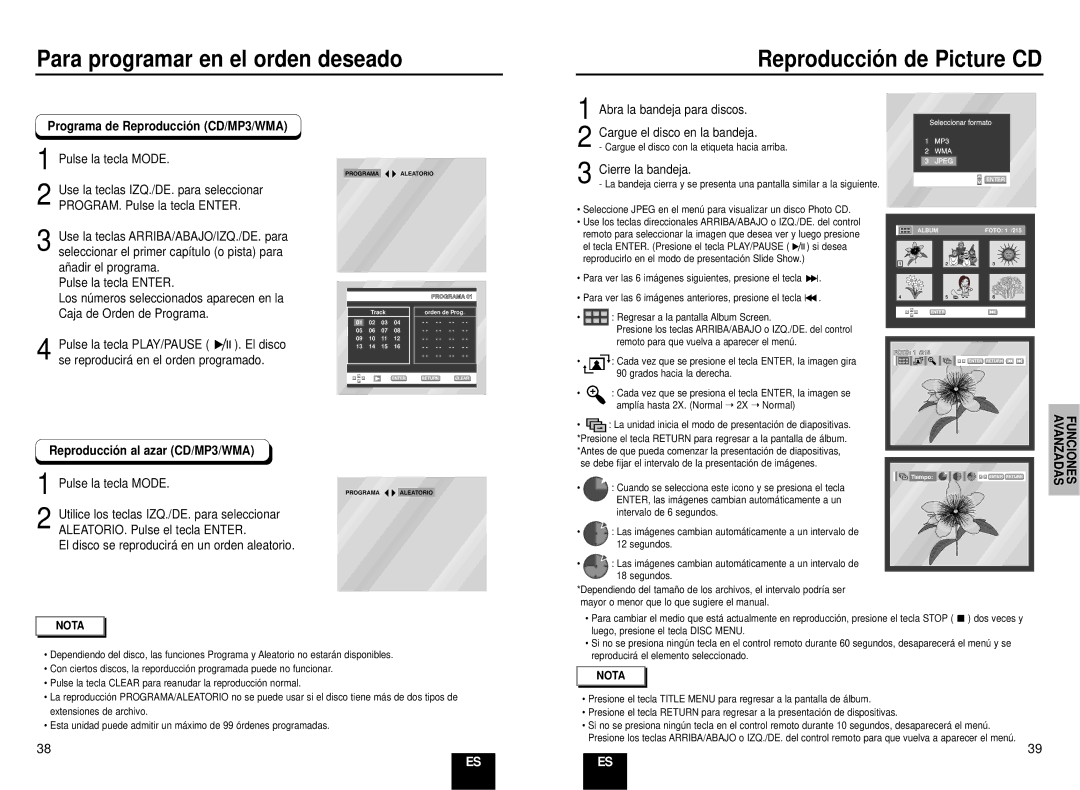 Samsung DVD-E234/XEC Programa de Reproducció n CD/MP3/WMA, Reproducció n al azar CD/MP3/WMA, Cargue el disco en la bandeja 