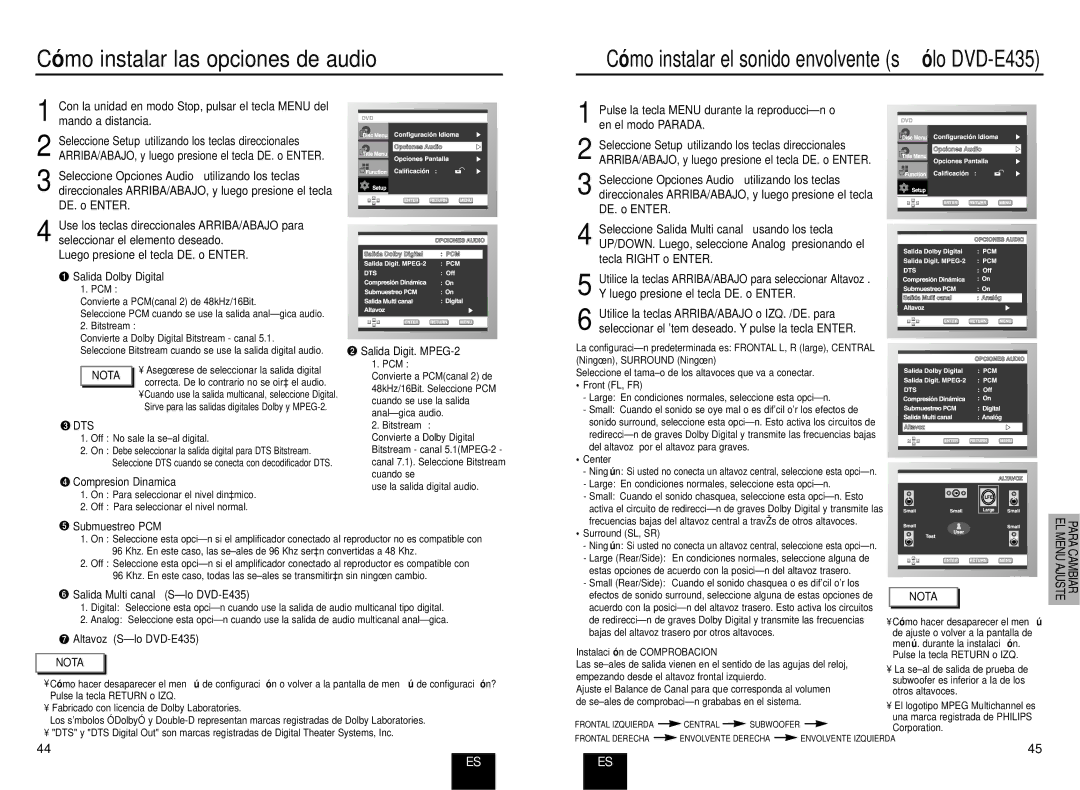 Samsung DVD-E234/XEC, DVD-E235/XEC, DVD-E435/XEC manual Có mo instalar las opciones de audio 