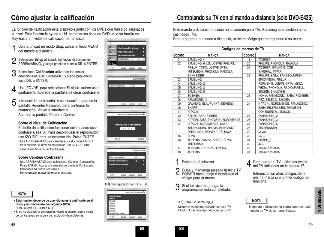 Samsung DVD-E435/XEC Có mo ajustar la calificació n, Referencia, Sobre el Nivel de Calificació n, Có digos de marcas de TV 