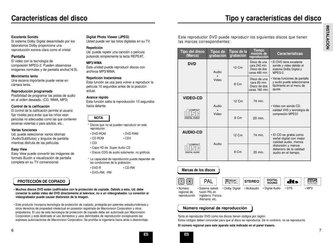 Samsung DVD-E435/XEC manual Características del disco Tipo y características del disco, Dvd, Video-Cd, Audio-Cd, Pantalla 